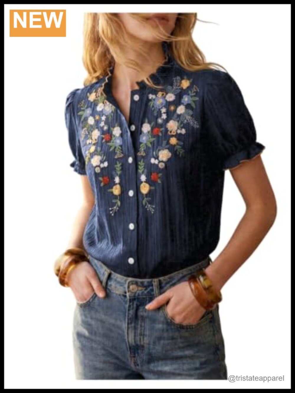 Boho Floral Embroidered Blouse Short Puff Sleeve Button Up